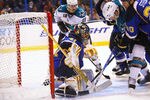 ST. LOUIS - NOVEMBER 4: Jaroslav Halak #41 of the St. Louis Blues makes a save against the San Jose Sharks at the Scottrade Center on November 4, 2010 in St. Louis, Missouri.  The Blues beat the Sharks 2-1.  (Photo by Dilip Vishwanat/Getty Images)