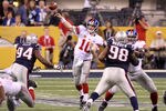 INDIANAPOLIS, IN - FEBRUARY 05:  Eli Manning #10 of the New York Giants throws a pass against the New England Patriots during Super Bowl XLVI at Lucas Oil Stadium on February 5, 2012 in Indianapolis, Indiana. The Giants won 21-17.  (Photo by Andy Lyons/Getty Images)