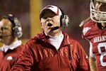 FAYETTEVILLE, AR - NOVEMBER 5:   Head Coach Bobby Petrino of the Arkansas Razorbacks argues a call during a game against the South Carolina Gamecocks at Donald W. Reynolds Stadium on November 5, 2011in Fayetteville, Arkansas.  The Razorbacks defeated the Gamecocks 44 to 28.  (Photo by Wesley Hitt/Getty Images)