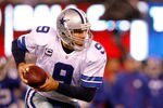 EAST RUTHERFORD, NJ - JANUARY 01:  Tony Romo #9 of the Dallas Cowboys drops back against the New York Giants at MetLife Stadium on January 1, 2012 in East Rutherford, New Jersey.  (Photo by Rich Schultz/Getty Images)
