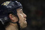 NASHVILLE, TN - FEBRUARY 14: Shea Weber #6 of the Nashville Predators eyes the scoreboard during the game against the Chicago Blackhawks at the Bridgestone Arena on February 14, 2012 in Nashville, Tennessee.  (Photo by Bruce Bennett/Getty Images)