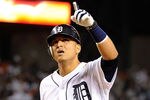DETROIT, MI - OCTOBER 11:  Victor Martinez #41 of the Detroit Tigers reacts hitting a solo home run in the fourth inning of Game Three of the American League Championship Series against the Texas Rangers at Comerica Park on October 11, 2011 in Detroit, Michigan.  (Photo by Kevork Djansezian/Getty Images)