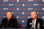 MONTREAL, CANADA - MARCH 3:  Toronto Maple Leafs General Manger Brian Burke (R) introduces new head coach Randy Carlyle at a press conference at the Bell Centre on March 3, 2012 in Montreal, Quebec, Canada.  (Photo by Richard Wolowicz/Getty Images)