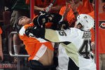 PHILADELPHIA, PA - APRIL 15: Arron Asham #45 of the Pittsburgh Penguins gets a match penalty for high sticking Brayden Schenn #10 of the Philadelphia Flyers in Game Three of the Eastern Conference Quarterfinals during the 2012 NHL Stanley Cup Playoffs at Wells Fargo Center on April 15, 2012 in Philadelphia, Pennsylvania.  (Photo by Bruce Bennett/Getty Images)