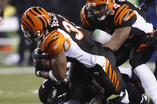 CINCINNATI, OH - JANUARY 01:  Cedric Benson #32 of the Cincinnati Bengals runs over Bernard Pollard #31 of the Baltimore Ravens during their game at Paul Brown Stadium on January 1, 2012 in Cincinnati, Ohio.  The Ravens defeated the Bengals 24-16.  (Photo by John Grieshop/Getty Images)