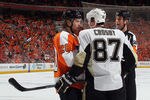PHILADELPHIA, PA - APRIL 15: Claude Giroux #28 of the Philadelphia Flyers and Sidney Crosby #87 of the Pittsburgh Penguins go toe-to-toe prior to fighting during the first period in Game Three of the Eastern Conference Quarterfinals during the 2012 NHL Stanley Cup Playoffs at Wells Fargo Center on April 15, 2012 in Philadelphia, Pennsylvania.  (Photo by Bruce Bennett/Getty Images)