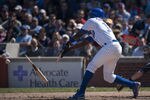 CHICAGO, IL - APRIL 12:   Alfonso Soriano #12 of the Chicago Cubs breaks his bat on a two run single scoring teammates Darwin Barney and Starlin Castro during the third inning against the Milwaukee Brewers at Wrigley Field on April 12, 2012 in Chicago, Illinois.  (Photo by Brian Kersey/Getty Images)