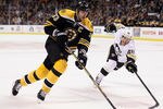 BOSTON, MA - APRIL 03:  Zdeno Chara #33 of the Boston Bruins heads to the net as Joe Vitale #46 of the Pittsburgh Penguins defends on April 3, 2012 at TD Garden in Boston, Massachusetts. The Pittsburgh Penguins defeated teh Boston Bruins 5-3.  (Photo by Elsa/Getty Images)