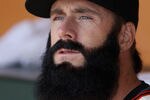 SAN FRANCISCO, CA - APRIL 13:  Brian Wilson #38 of the San Francisco Giants sits in the dugout before the Giants game against the Pittsburgh Pirates at AT&T Park on April 13, 2012 in San Francisco, California.  (Photo by Ezra Shaw/Getty Images)