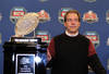 NEW ORLEANS, LA - JANUARY 10:  Head coach Nick Saban of the Alabama Crimson Tide stands next to The Coaches' Trophy which signifies the national champion after defeating Louisiana State University Tigers in the 2012 Allstate BCS National Championship Game during a press conference on January 10, 2012 in New Orleans, Louisiana.  (Photo by Andy Lyons/Getty Images)