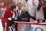 GLENDALE, AZ - APRIL 14:  Goaltender Mike Smith #41 of the Phoenix Coyotes is looked at by the team doctor after a hard collision with Andrew Shaw (not pictured) of the Chicago Blackhawks in the second period of Game Two of the Western Conference Quarterfinals during the 2012 NHL Stanley Cup Playoffs at Jobing.com Arena on April 14, 2012 in Glendale, Arizona.  (Photo by Christian Petersen/Getty Images)