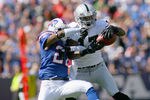 ORCHARD PARK, NY - SEPTEMBER 18:  Denarius Moore #17 of the Oakland Raiders makes a catch against  Leodis McKelvin #21 of the Buffalo Bills at Ralph Wilson Stadium on September 18, 2011 in Orchard Park, New York. Buffalo won 38-35.  (Photo by Rick Stewart/Getty Images)