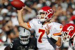 OAKLAND, CA - OCTOBER 23:  Quarterback Matt Cassel #7 of the Kansas City Chiefs throws against the Oakland Raiders in the third quarter on October 23, 2011 at O.co Coliseum in Oakland, California.  The Chiefs won 28-0.  (Photo by Brian Bahr/Getty Images)