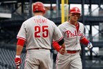 PITTSBURGH, PA - APRIL 08:  Hunter Pence #3 of the Philadelphia Phillies is congratulated by teammate Jim Thome #25 after hitting a solo home run in the 4th inning against the Pittsburgh Pirates during the game on April 8, 2012 at PNC Park in Pittsburgh, Pennsylvania.  (Photo by Jared Wickerham/Getty Images)