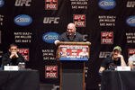 NEW YORK - MARCH 06:   UFC president Dana White (C) speaks at a press conference with lightweight contenders Nate Diaz (L) and Jim Miller (R) at Radio City Music Hall on March 06, 2012 in New York City.  UFC announced that their third event on the FOX network will take place on Saturday, May 5 from the IZOD Center in East Rutherford, N.J.. (Photo by Michael Nagle/Getty Images)