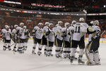 PHILADELPHIA, PA - APRIL 18:  The Pittsburgh Penguins celebrate their 10-3 victory over the Philadelphia Flyers in Game Four of the Eastern Conference Quarterfinals during the 2012 NHL Stanley Cup Playoffs at Wells Fargo Center on April 18, 2012 in Philadelphia, Pennsylvania.  (Photo by Bruce Bennett/Getty Images)