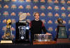 NEW ORLEANS, LA - JANUARY 10:  Head coach Nick Saban of the Alabama Crimson Tide stands next to all the trophies awarded to Alabama as the national champion after defeating Louisiana State University Tigers in the 2012 Allstate BCS National Championship Game during a press conference on January 10, 2012 in New Orleans, Louisiana.  (Photo by Andy Lyons/Getty Images)