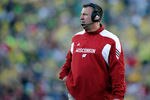 PASADENA, CA - JANUARY 02:  Head coach Bret Bielema of the Wisconsin Badgers looks on as the Badgers take on the Oregon Ducks at the 98th Rose Bowl Game on January 2, 2012 in Pasadena, California.  (Photo by Kevork Djansezian/Getty Images)