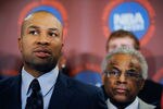 NEW YORK, NY - NOVEMBER 14:  Billy Hunter, Executive Director of the National Basketball Players Association and Derek Fisher, President of the National Basketball Players Association speak at a press conference after National Basketball Players Association  met to discuss the current CBA offer at Westin Times Square on November 14, 2011 in New York City.  (Photo by Patrick McDermott/Getty Images)