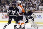 PITTSBURGH, PA - APRIL 20:  Marc-Andre Fleury #29 of the Pittsburgh Penguins protects the net behind Brian Strait #37 and Scott Hartnell #19 of the Philadelphia Flyers in Game Five of the Eastern Conference Quarterfinals during the 2012 NHL Stanley Cup Playoffs at Consol Energy Center on April 20, 2012 in Pittsburgh, Pennsylvania.  The Penguins defeated the Flyers 3-2.  (Photo by Justin K. Aller/Getty Images)
