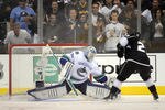 LOS ANGELES, CA - APRIL 18:  Cory Schneider #35 of the Vancouver Canucks stops Dustin Brown #23 of the Los Angeles Kings on a penalty shot during the third period at Staples Center on April 18, 2012 in Los Angeles, California.  (Photo by Harry How/Getty Images)