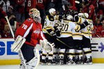 WASHINGTON, DC - APRIL 22:  The Boston Bruins celebrate after Tyler Seguin #19 scored the game winning goal in overtime against the Washington Capitals in Game Six of the Eastern Conference Quarterfinals during the 2012 NHL Stanley Cup Playoffs at Verizon Center on April 22, 2012 in Washington, DC.  (Photo by Patrick McDermott/Getty Images)