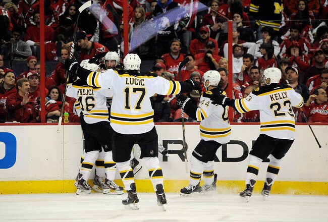 WASHINGTON, DC - APRIL 22:  The Boston Bruins celebrate after Tyler Seguin #19 scored the game winning goal in overtime against the Washington Capitals in Game Six of the Eastern Conference Quarterfinals during the 2012 NHL Stanley Cup Playoffs at Verizon Center on April 22, 2012 in Washington, DC.  (Photo by Patrick McDermott/Getty Images)