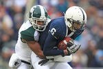 STATE COLLEGE, PA - NOVEMBER 27: Wide receiver Derek Moye #6 of the Penn State Nittany Lions catches a pass during a game against the Michigan State Spartans on November 27, 2010 at Beaver Stadium in State College, Pennsylvania. The Spartans won 28-22. (Photo by Hunter Martin/Getty Images)