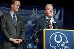 INDIANAPOLIS, IN - MARCH 07:  Peyton Manning (L) listens as Indianapolis Colts owner Jim Irsay speaks during a press conference announcing that the Colts will release of Manning at Indiana Farm Bureau Football Center on March 7, 2012 in Indianapolis, Indiana.  (Photo by Joey Foley/Getty Images)