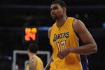 LOS ANGELES, CA - APRIL 06:  Andrew Bynum #17 of the Los Angeles Lakers leaves the game after fouling out of the game with his second technical foul against the Houston Rockets during the second half at Staples Center on April 6, 2012 in Los Angeles, California.  NOTE TO USER: User expressly acknowledges and agrees that, by downloading and or using this photograph, User is consenting to the terms and conditions of the Getty Images License Agreement.  The Rockets won 112-107.   (Photo by Harry How/Getty Images)