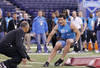 INDIANAPOLIS, IN - FEBRUARY 27: Linebacker Luke Kuechly of Boston College takes part in a drill during the 2012 NFL Combine at Lucas Oil Stadium on February 27, 2012 in Indianapolis, Indiana. (Photo by Joe Robbins/Getty Images)
