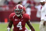 TUSCALOOSA, AL - NOVEMBER 19:  Defensive back Mark Barron #4 of the Alabama Crimson Tide runs some practice drills before the game against the Georgia Southern Eagles at Bryant-Denny Stadium on November 19, 2011 in Tuscaloosa, Alabama.  (Photo by Mike Zarrilli/Getty Images)