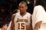 LOS ANGELES, CA - APRIL 22:  Metta World Peace #15 of the Los Angeles Lakers leaves the court after being ejected for hitting James Harden #13 of the Oklahoma City Thunder at Staples Center on April 22, 2012 in Los Angeles, California. The  Lakers won 114-106 in double overtime.  NOTE TO USER: User expressly acknowledges and agrees that, by downloading and or using this photograph, User is consenting to the terms and conditions of the Getty Images License Agreement.  (Photo by Stephen Dunn/Getty Images)