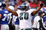 EAST RUTHERFORD, NJ - JANUARY 11:  Brian Dawkins #20 of the Philadelphia Eagles reacts after a play against the New York Giants during the NFC Divisional Playoff Game on January 11, 2009 at Giants Stadium in East Rutherford, New Jersey.  (Photo by Al Bello/Getty Images)