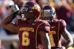 MINNEAPOLIS - SEPTEMBER 18:  Da'Jon McKnight #6 of the Minnesota Golden Gophers celebrates after catching a pass for a touchdown during the game against the USC Trojans on September 18, 2010 at TCF Bank Stadium in Minneapolis, Minnesota.  (Photo by Jamie Squire/Getty Images)