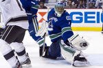 VANCOUVER, CANADA - APRIL 11: Goalie Roberto Luongo #1 of the Vancouver Canucks makes a glove save during the first period in Game One of the Western Conference Quarterfinals during the 2012 NHL Stanley Cup Playoffs at Rogers Arena on April 11, 2012 in Vancouver, British Columbia, Canada.  (Photo by Rich Lam/Getty Images)