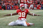 KANSAS CITY, MO - JANUARY 09:  Safety Eric Berry #29 of the Kansas City Chiefs celebrates after breaking up a pass to tight end Todd Heap #86 of the Baltimore Ravens in the endzone during their 2011 AFC wild card playoff game at Arrowhead Stadium on January 9, 2011 in Kansas City, Missouri.  (Photo by Doug Pensinger/Getty Images)