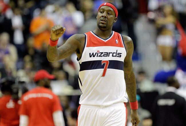 WASHINGTON, DC - JANUARY 06: Andray Blatche #7 of the Washington Wizards before the start of the Wizards game against the New York Knicks at Verizon Center on January 6, 2012 in Washington, DC.  NOTE TO USER: User expressly acknowledges and agrees that, by downloading and or using this photograph, User is consenting to the terms and conditions of the Getty Images License Agreement.  (Photo by Rob Carr/Getty Images)
