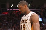 LOS ANGELES, CA - APRIL 22:  Metta World Peace #15 of the Los Angeles Lakers leaves the court after being ejected for hitting James Harden #13 of the Oklahoma City Thunder at Staples Center on April 22, 2012 in Los Angeles, California. The  Lakers won 114-106 in double overtime.  NOTE TO USER: User expressly acknowledges and agrees that, by downloading and or using this photograph, User is consenting to the terms and conditions of the Getty Images License Agreement.  (Photo by Stephen Dunn/Getty Images)