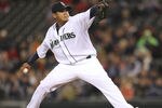 SEATTLE, WA - APRIL 19:  Starting pitcher Felix Hernandez #34 of the Seattle Mariners pitches against the Cleveland Indians at Safeco Field on April 19, 2012 in Seattle, Washington. (Photo by Otto Greule Jr/Getty Images)