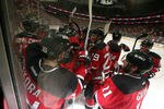 NEWARK, NJ - APRIL 24:  The New Jersey Devils surround Travis Zajac #19 in celebration after Zajac scored the game-winning goal to give the Devils a 3-2 overtime win against the Florida Panthers in Game Six of the Eastern Conference Quarterfinals during the 2012 NHL Stanley Cup Playoffs at Prudential Center on April 24, 2012 in Newark, New Jersey.  (Photo by Bruce Bennett/Getty Images)