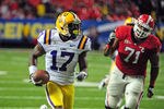 ATLANTA, GA - DECEMBER 3: Morris Claiborne #17 of the LSU Tigers returns an interception for a touchdown against the Georgia Bulldogs during the SEC Championship Game at the Georgia Dome on December 3, 2011 in Atlanta, Georgia.  (Photo by Scott Cunningham/Getty Images)