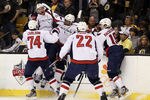 BOSTON, MA - APRIL 25:  Joel Ward #42 of the Washington Capitals is congratulated after he scored the game winning goal against the Boston Bruins in Game Seven of the Eastern Conference Quarterfinals during the 2012 NHL Stanley Cup Playoffs at TD Garden on April 25, 2012 in Boston, Massachusetts. The Washington Capitals defeated the Boston Bruins 2-1 in overtime.  (Photo by Elsa/Getty Images)