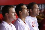 CINCINNATI, OH - APRIL 9: Joey Votto #19 of the Cincinnati Reds looks on along with teammates Jay Bruce (L) and Scott Rolen (R) during the game against the St. Louis Cardinals at Great American Ball Park on April 9, 2012 in Cincinnati, Ohio. The Cardinals defeated the Reds 7-1. (Photo by Joe Robbins/Getty Images)