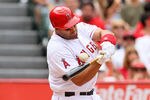 ANAHEIM, CA - APRIL 22:  Albert Pujols #5 of the Los Angeles Angels of Anaheim strikes out swinging in the sixth inning against the Baltimore Orioles during the MLB game at Angel Stadium of Anaheim on April 22, 2012 in Anaheim, California.  (Photo by Victor Decolongon/Getty Images)