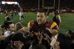 LOS ANGELES, CA - SEPTEMBER 10:  Matt Kalil #75 of the USC Trojans speaks to reporters after his blocked field goal in the final seconds of the game preserved a 17-14 win over the Utah Utes at Los Angeles Memorial Coliseum on September 10, 2011 in Los Angeles, California.  (Photo by Harry How/Getty Images)
