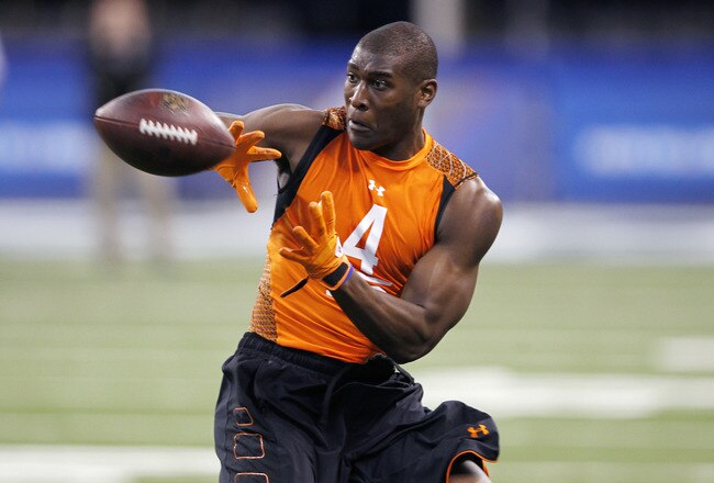 INDIANAPOLIS, IN - FEBRUARY 26: Wide receiver Justin Blackmon of Oklahoma State catches a pass during the 2012 NFL Combine at Lucas Oil Stadium on February 26, 2012 in Indianapolis, Indiana. (Photo by Joe Robbins/Getty Images)