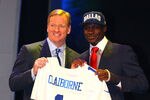 NEW YORK, NY - APRIL 26:  Morris Claiborne (R)from LSU holds up a jersey as he stands on stage with NFL Commissioner Roger Goodell after he was selected #6 overall by the Dallas Cowboys in the first round of during the 2012 NFL Draft at Radio City Music Hall on April 26, 2012 in New York City.  (Photo by Al Bello/Getty Images)