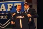 NEW YORK, NY - APRIL 26:  Shea McClellin (R) of Boise State holds up a jersey as he stands on stage with NFL Commissioner Roger Goodell after he was selected #19 overall by the Chicago Bears in the first round of the 2012 NFL Draft at Radio City Music Hall on April 26, 2012 in New York City.  (Photo by Al Bello/Getty Images)