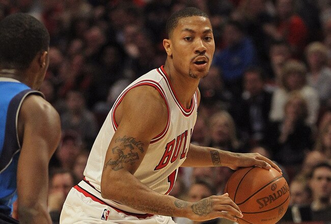 CHICAGO, IL - APRIL 21: Derrick Rose #1 of the Chicago Bulls moves against Rodrigue Beaubois #3 of the Dallas Mavericks at the United Center on April 21, 2012 in Chicago, Illinois. The Bulls defeated the Mavericks 93-83. NOTE TO USER: User expressly acknowledges and agress that, by downloading and/or using this photograph, User is consenting to the terms and conditions of the Getty Images License Agreement. (Photo by Jonathan Daniel/Getty Images)